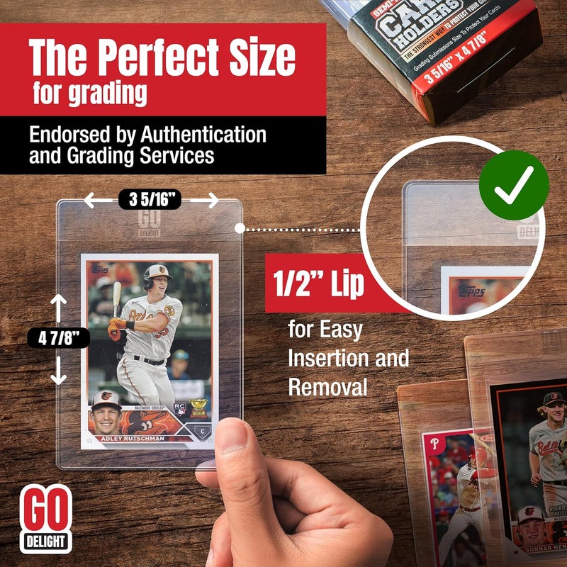 GO DELIGHT Semi Rigid Card Holders for PSA, SGC, BGS, CSG Grading – 100 Bundle - Baseball Card Sleeves - 50 Card Holders for Trading Cards + 50 Soft Sleeves – 3-5/16” x 4-7/8” with 1/2” Lip - Image 3